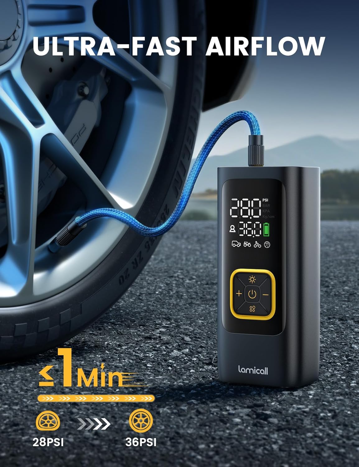 Compresor Auto Portabil 150 PSI – Umflare Rapidă, Oprire Automată și LED SOS